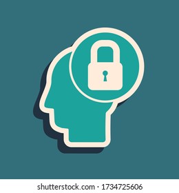 Green Human head with lock icon isolated on green background. Long shadow style. Vector Illustration