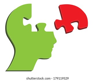 Green human head with red puzzle piece, creative business concept vector design.
