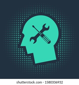 Green Human head with with screwdriver and wrench icon isolated on blue background. Artificial intelligence. Symbol work of brain. Abstract circle random dots. Vector Illustration