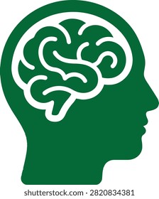 Green human head silhouette with brain icon representing intellect and mental focus, intellect