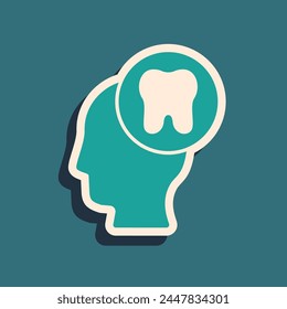 Green Human head with tooth icon isolated on green background. Tooth symbol for dentistry clinic or dentist medical center and toothpaste package. Long shadow style. Vector