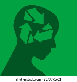 Green human head vector with recycle symbol. Sustainable lifestyle. Recycling and reuse.