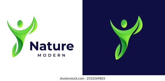 Green Human and Leaf Logo Design Concept. Vibrant Stylish People Icon Blended with Leaf Symbol Logo Inspiration. Eco-Friendly and Organic Identity for Wellness Branding. Vector Logo Illustration