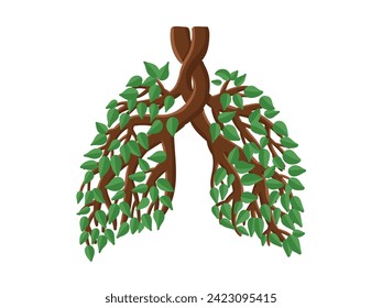 Green human lungs are made from tree branches with leaves on white background. Smoking free or Healthy lungs concept.   