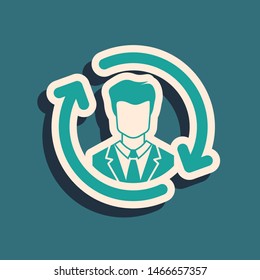 Green Human resources icon isolated on blue background. Concept of human resources management, professional staff research, head hunter job. Long shadow style. Vector Illustration