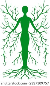 Grüne menschliche Silhouette verbunden mit Baum und Wurzeln. Symbiose von Natur und Mensch. Liebe zum Konzept des grünen Planeten. Achtsamer Lebensunterhalt.