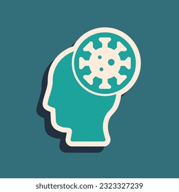 Green Human and virus icon isolated on green background. Corona virus 2019-nCoV. Bacteria and germs, cell cancer, microbe, fungi. Long shadow style. Vector