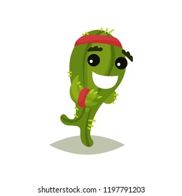 Green humanized cactus running with smiling face. Funny succulent plant with red headband. Flat vector icon