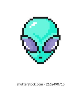 Green humanoid alien head with big eyes icons in pixel art design isolated on white background