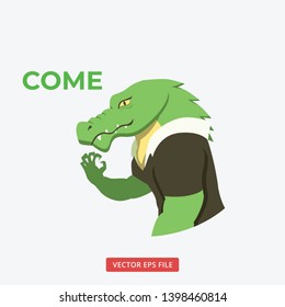 Green humanoid crocodile wearing shirt greeting and saying come