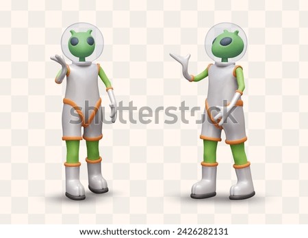 Green humanoid is gesturing. Aliens in spacesuit shows something