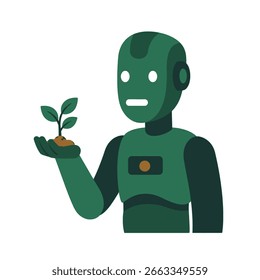 Um robô humanoide verde com uma expressão neutra segurando um pequeno