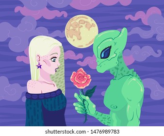 Green humanoid UFO gives a rose to a blonde girl