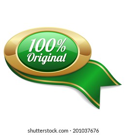 Green hundred percent original button with gold border and ribbon