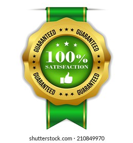 Green hundred percent satisfaction badge with ribbon on white background