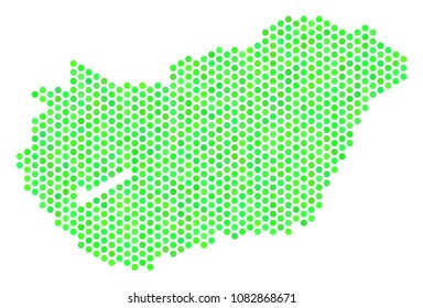 Green Hungary map. Vector hexagon territorial map using green color tinges. Abstract Hungary map collage is organized with hexagon blots.