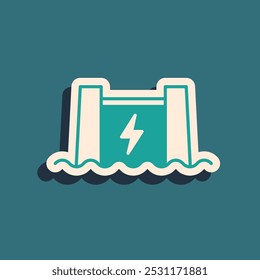 Green Hydroelectric dam icon isolated on green background. Water energy plant. Hydropower. Hydroelectricity. Long shadow style. Vector