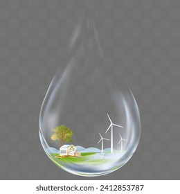 
Green hydrogen background,Spring Landscape with Windmill power generator,Solar cell panels,tree  and modern house inside water drop,Environmental technology,Sustainable development goals,SDGs concept