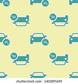Green Hydrogen car icon isolated seamless pattern on yellow background. H2 station sign. Hydrogen fuel cell car eco environment friendly zero emission. Vector Illustration