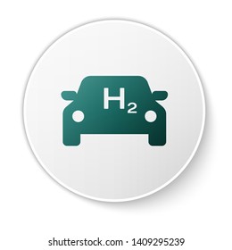 Green Hydrogen car icon isolated on white background. H2 station sign. Hydrogen fuel cell car eco environment friendly zero emission. White circle button. Vector Illustration