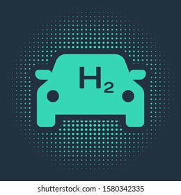 Green Hydrogen car icon isolated on blue background. H2 station sign. Hydrogen fuel cell car eco environment friendly zero emission. Abstract circle random dots. Vector Illustration