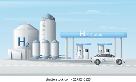 Green hydrogen energy fuel generation cartoon composition with view of road with refilling station and car vector illustration