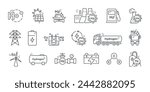 Green hydrogen energy line icon set. Production and storage of hydrogen fuel. Tank of h2. Solar panel, windmill, battery, power, transportation, generator, atom vector illustration. Editable strock