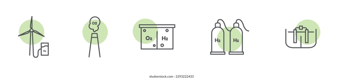 Green hydrogen energy modern line icon set, renewable electricity concept, windturbine power vector icons, H2 emblems, clean sustainable energy symbols isolated on white background