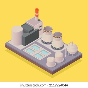 Green hydrogen energy source isometric composition with 3d nuclear power plant on yellow background vector illustration