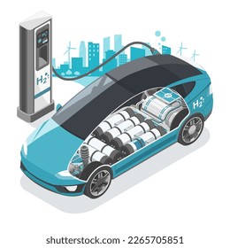 Green Hydrogen fuel cell car stop at Refual Charging Station Ecology cut inside show H2 storage tank with city background Ecology Concept isometric isolated vector 