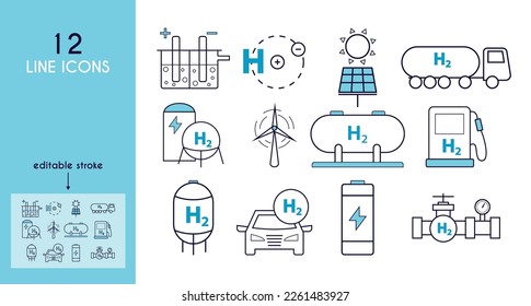 Green hydrogen fuel production icons set. water electrolysis, hydrogen atom, solar energy, windmill, fuel tank, pipeline, hydrogen transport, gas station.