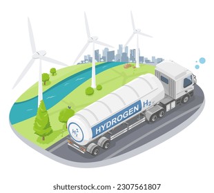 Green hydrogen H2 future energy transportation to city concept semi trailer gas tank on the road isometric cartoon vector isolated