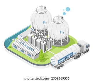 Green hydrogen H2 future energy factory power plant transportation to city concept semi trailer gas tank refill isometric cartoon isolated symbols vector 