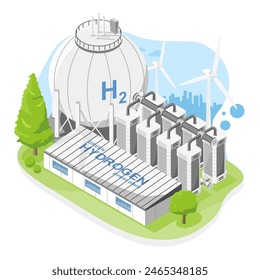 Green hydrogen H2 simple future energy factory power plant icon concept isometric cartoon vector isolated