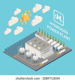 Green Hydrogen Power Generation Plant Facility Exterior Electrolysis Cylinders Pipeline Building Solar Panels Isometric View Vector Illustration