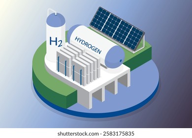 Green hydrogen power generation plant facility. Electrolysis cylinders, pipeline building, solar panels. 3d flat isometric vector illustration. SHOTLISTeco