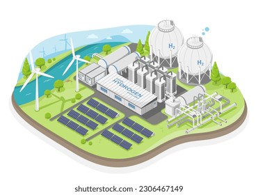 Green hydrogen power plant concept with solar cell and wind turbine energy for h2 ecology powerhouse electricity in nature isometric isolated cartoon vector 