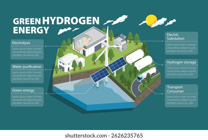 Green Hydrogen: Powering a Clean Energy Future in isometric graphic