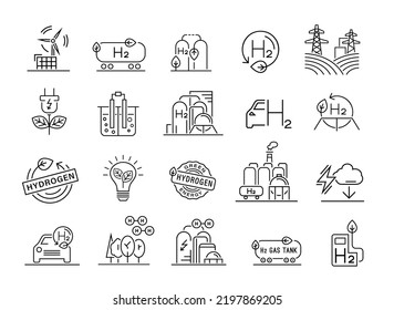 Green hydrogen production. Renewable energy source. Ecological energy. Zero emissions. Ecology, global warming signs set, icons collection. Editable vector illustration. Scientific H2 pictogram