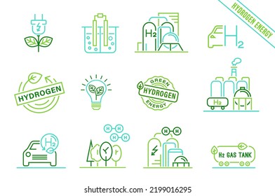 Grüne Wasserstoffproduktion. Erneuerbare Energiequellen. Ökologische Energie. Null Emissionen. Ökologie, Zeichen für die Erderwärmung, Symbolsammlung. Bearbeitbare Vektorgrafik. Wissenschaftliches H2-Piktogramm