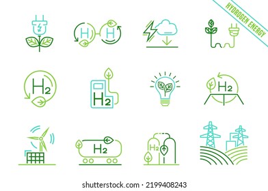 Green hydrogen production. Renewable energy source. Ecological energy. Zero emissions. Ecology, global warming signs set, icons collection. Editable vector illustration. Scientific H2 pictogram