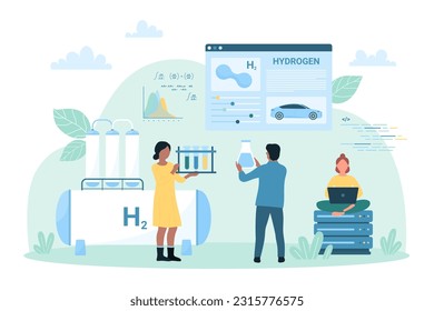 Green hydrogen production and research vector illustration. Cartoon tiny people holding test tubes to study how to make H2 fuel and renewable energy, scientists characters work in chemical laboratory