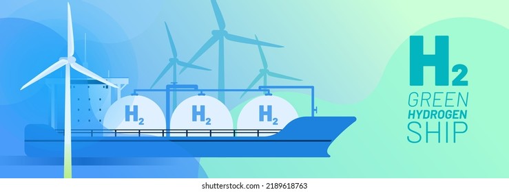 Green Hydrogen ship vector illustration concept. Alternative energy and fuel source. Wind turbine, text H2 and transport boat. Abstract background for website banner, advertising campaign or news