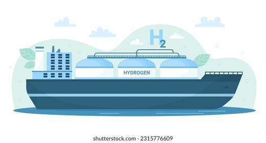 Green hydrogen ship vector illustration. Cartoon transport boat with H2 tank, modern hydrogen carrier in sea waters, alternative eco friendly energy and sustainable fuel source transportation