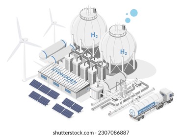 Green hydrogen simple power plant concept with solar cell and wind turbine energy for h2 semi truck transporter ecology powerhouse electricity isometric vector isolated