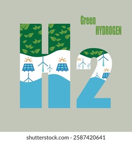 Green hydrogen. Symbol with windmill leaves and water.