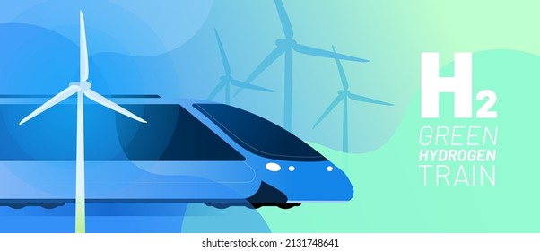 Green Hydrogen train vector illustration concept. Alternative energy and fuel source. Wind turbine, text H2 and passenger train. Abstract background for website banner, advertising campaign or news