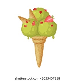 Green Ice Cream Ball in Waffle Cone with Strawberry as Frozen Dessert and Sweet Snack Vector Illustration