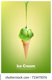 Green ice cream cone, Pour green syrup, lemon lime and green tea flavor, Vector illustration