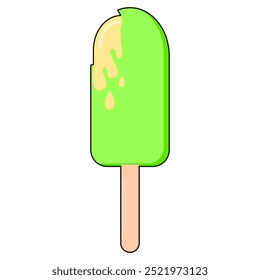 helado verde relleno de amarillo con marcas de mordeduras. helado con sabor a pandan y mango. helado con sabor a frutas. comida. comida fría. helado en barra. Ilustración vectorial. estilo plano.